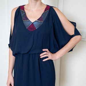 Navy blue dress with hot pink neckline beading